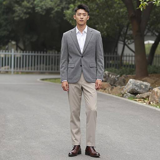 Young Asian Man in Gray and Beige Suit Outdoors