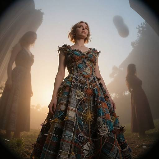 Photograph of a woman in an elaborate, patterned gown with star and chain motifs, standing in a misty, sunlit forest, with two