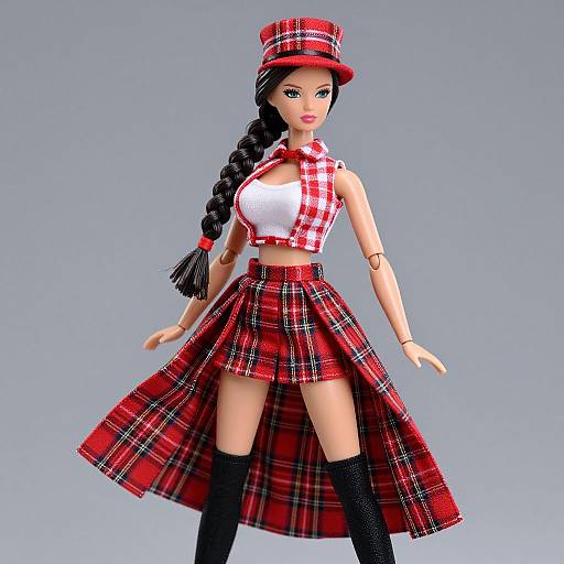 Photorealistic CGI doll with long black braided hair, wearing a red plaid sleeveless crop top, matching skirt, black thigh-high socks,