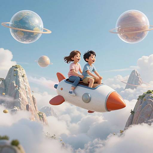 Digital illustration of a boy and girl flying on a rocket ship through a cloudy sky with floating planets and mountains.