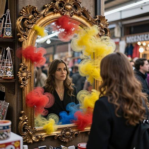 Photograph of a woman with long brown hair standing before an ornate gold mirror, surrounded by colorful red, yellow, and blue feathers, in a