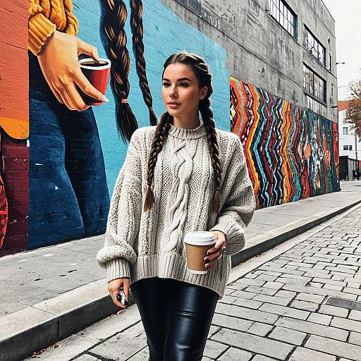 Woman in Cozy Sweater with Coffee on Urban Street