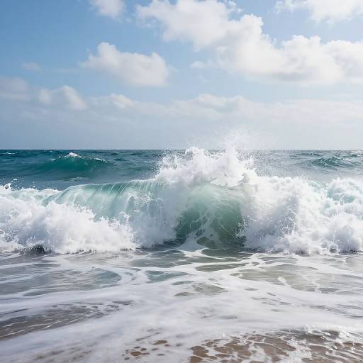 Photograph of a bright, sunny beach with crashing white waves, turquoise water, and a clear blue sky with scattered clouds.