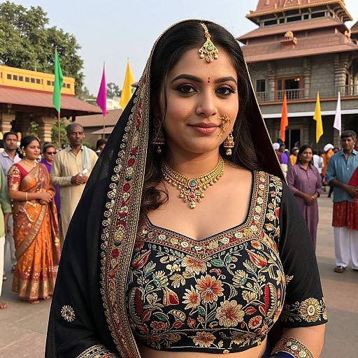 Photograph of a South Asian bride in a black floral embroidered saree and veil, wearing gold jewelry, with a confident smile, in front of a