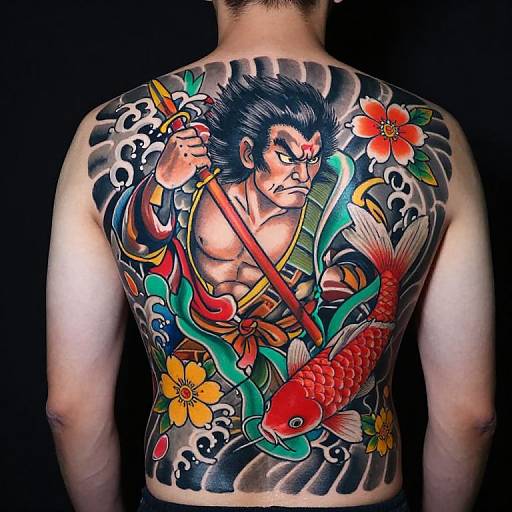 Tattooed back of a muscular man with a colorful, detailed design of a fierce samurai holding a sword, surrounded by a red koi