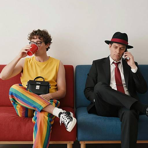 Chilling Men on Colorful Couches