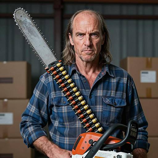 Balding Man with Chainsaw in Industrial Setting