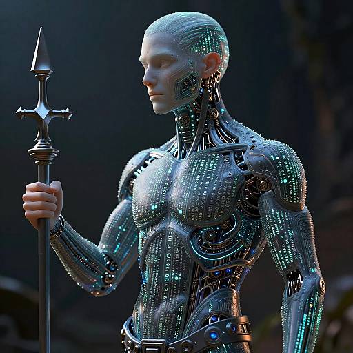 Digital CGI of a bald, muscular, silver metallic humanoid with intricate circuit patterns, holding a spear, illuminated by dramatic blue light.