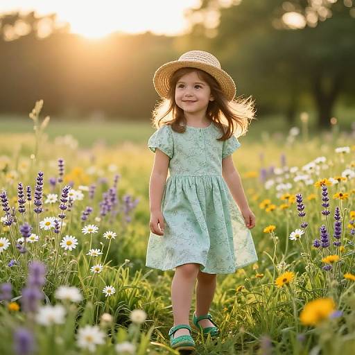 Photograph of a young girl with light brown hair, wearing a straw hat and light blue dress, walking through a sunlit meadow of colorful wild