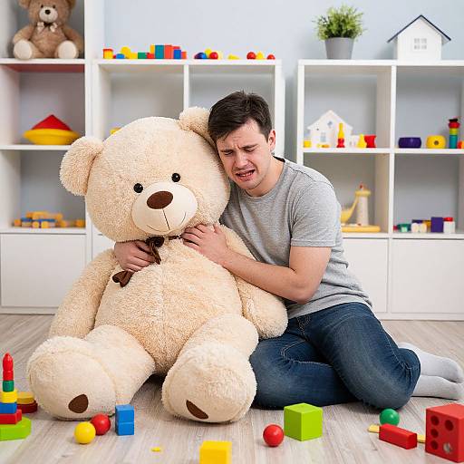Photograph of a smiling man with short dark hair, wearing a gray t-shirt and blue jeans, hugging a large white teddy bear in a