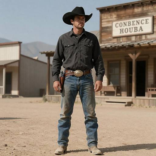 Cowboy Standing in Dusty Western Town