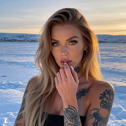 Photograph of a tattooed, blonde, blue-eyed woman with long hair, standing on a snowy beach at sunset, biting her finger seductively