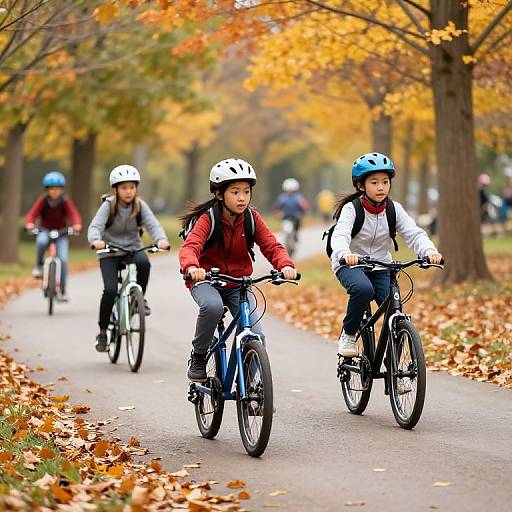 Preteens Biking Through Autumn Park