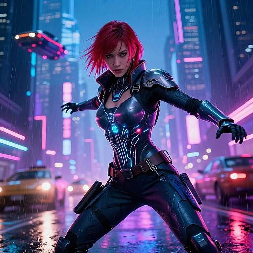 Digital artwork of a fierce, red-haired woman in a neon-lit, cyberpunk city at night, wearing a black, futuristic suit, with rain