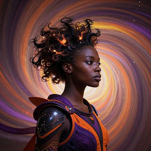 Photorealistic digital artwork of a dark-skinned woman with curly hair, wearing futuristic armor, against a swirling, colorful, cosmic background.