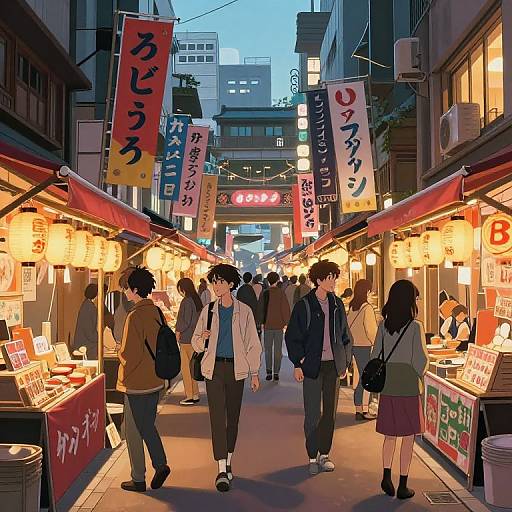 Anime-style digital illustration of a bustling nighttime street market with colorful lanterns, Japanese signs, and diverse young people shopping.