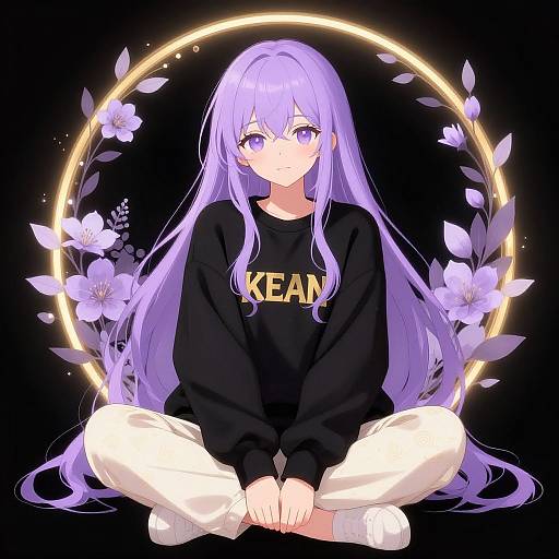 Digital anime-style drawing of a purple-haired girl with long hair, wearing a black 