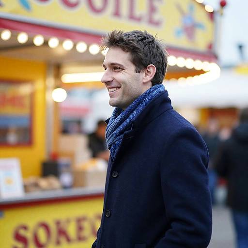 Smiling Man at Colorful Carnival Scene