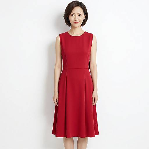Photograph of an Asian woman with short black hair, wearing a sleeveless, knee-length red dress, standing against a plain white background.