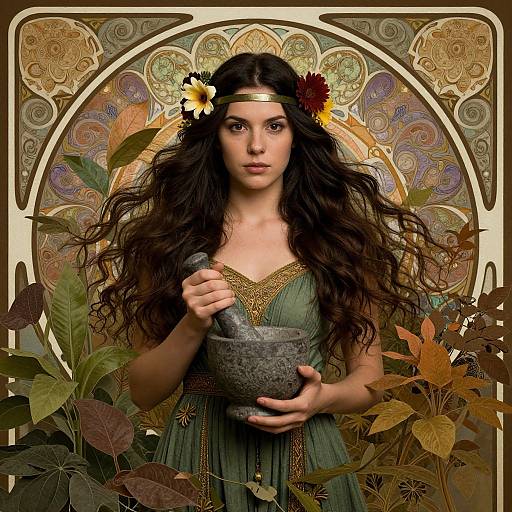 Digital art of a dark-haired woman with wavy hair, wearing a green dress, gold headband, holding a mortar and pestle, surrounded by