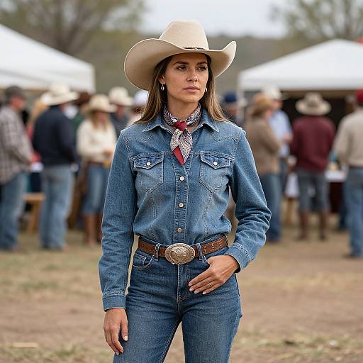 Photograph of a confident woman in a beige cowboy hat, blue denim shirt, and jeans, standing outdoors at a crowded Western fair.