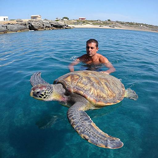 Man Swimming with Large Sea Turtle