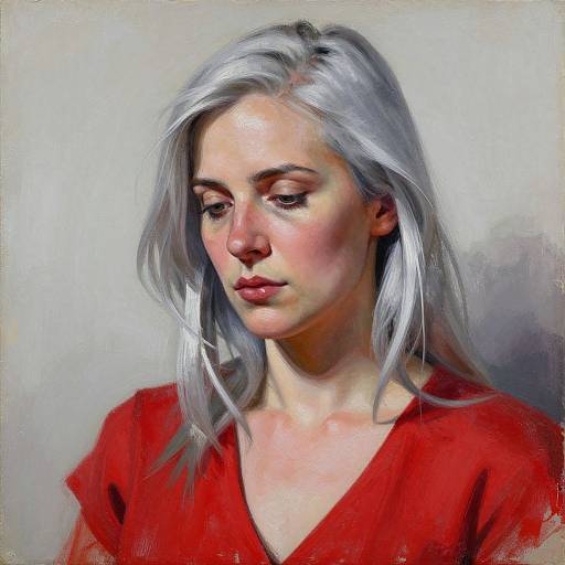 Digital painting of a fair-skinned woman with silver hair, wearing a red V-neck shirt, gazing downwards with a serene expression.