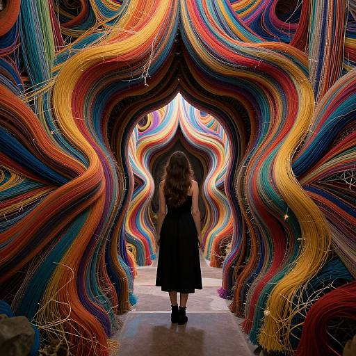 Photograph of a woman in a black dress standing in a corridor with vibrant, swirling, multicolored yarn walls, creating a mesmerizing, tunnel