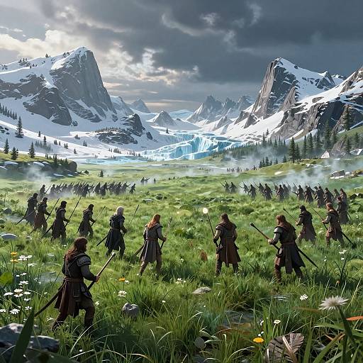 Digital fantasy artwork of armored warriors with swords standing in a grassy meadow, facing a snowy mountain range under a cloudy sky.