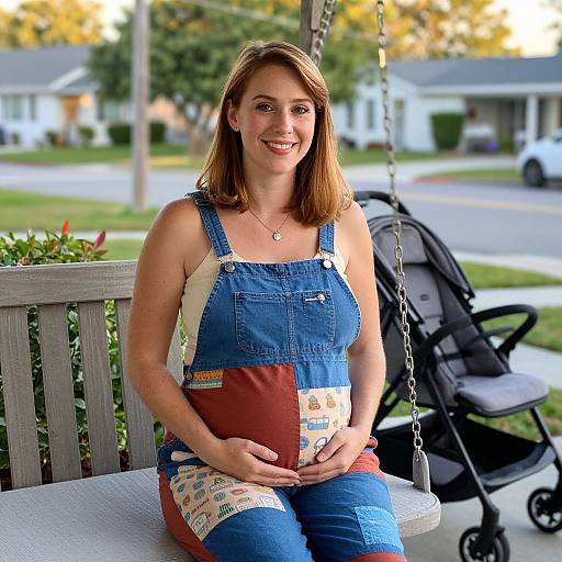 Photograph of a smiling pregnant woman in denim overalls, sitting on a wooden swing, with a stroller in the background.