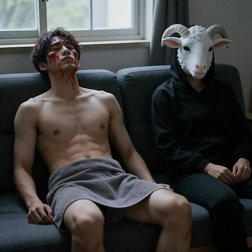 Mysterious Duo with Sheep Mask and Bloodied Man