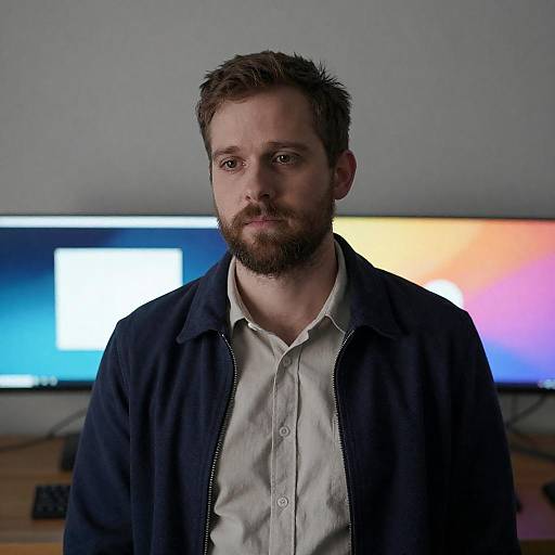 Contemplative Man in Dimly Lit Workspace