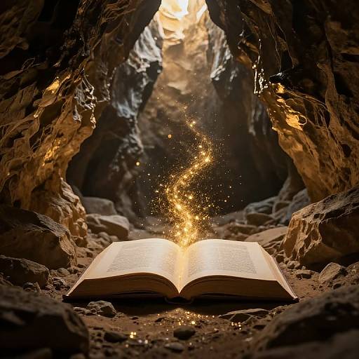 Photograph of an open book emitting golden sparks, centered in a dark, rocky cave with sunlight illuminating the background.