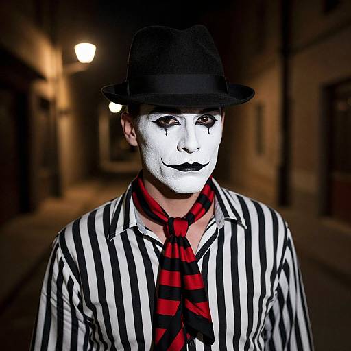 Photograph of a man in a black hat, white face paint, black lips, striped shirt, and red-black tie, standing in a dimly