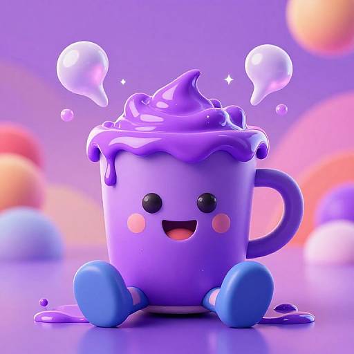 Cute CGI purple cup with smiling face, blue feet, and melting ice cream topping, surrounded by glowing bubbles and colorful orbs.