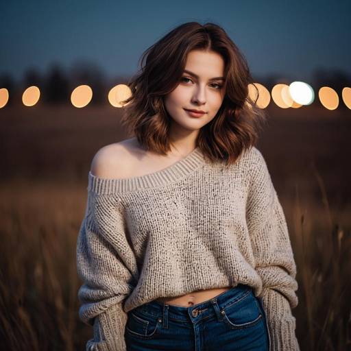 Young Woman in Casual Sweater and Jeans at Dusk