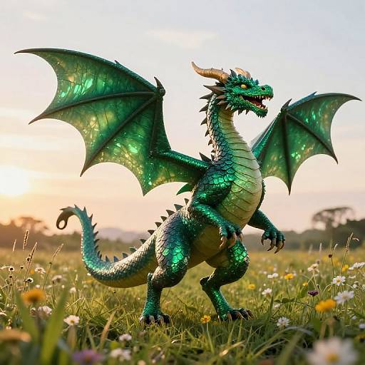 Emerald Dragon in Sunset Meadow
