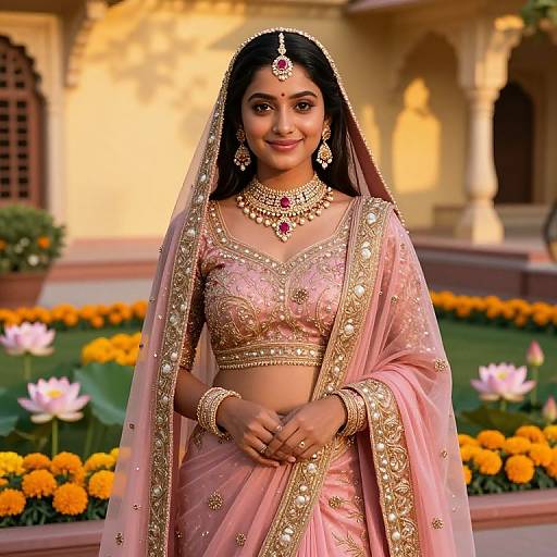 Indian bride in pink saree with gold embroidery, matching jewelry, and veiled hair, standing in front of a yellow building with flower garden. Phot