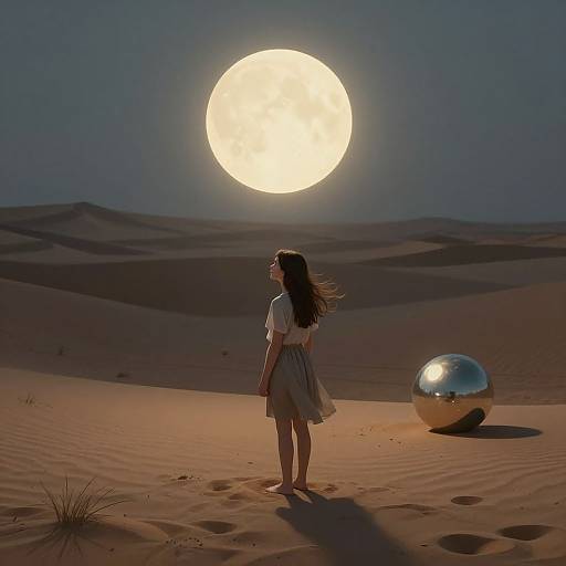 Photograph of a woman with long brown hair in a white blouse and gray skirt, standing in a desert under a large, glowing full moon, with