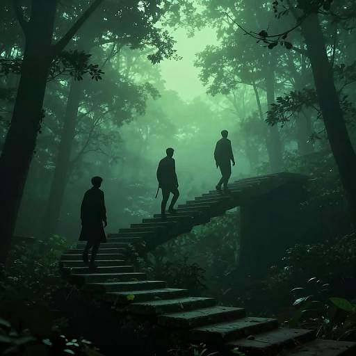 Digital artwork of three silhouetted figures ascending stone steps in a dense, misty forest with vibrant green light filtering through the trees.