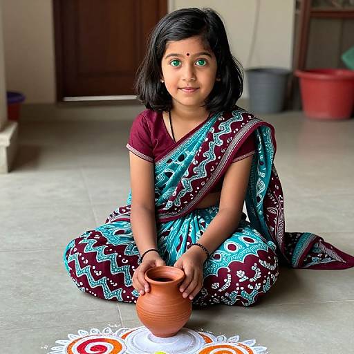 Photograph of a young Indian girl with black hair, green eyes, and a maroon and turquoise patterned sari, sitting on a tiled floor