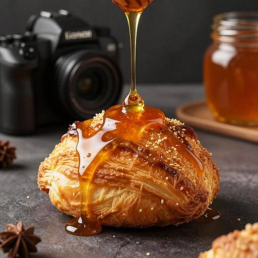 Photograph of a golden-brown pastry drizzled with honey, sprinkled with sugar, next to a Canon camera and a jar of honey.