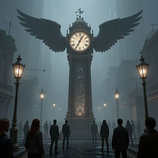 Mysterious blue-lit photograph of a clock with giant wings, surrounded by foggy, Victorian-style street lamps and silhouetted onlookers