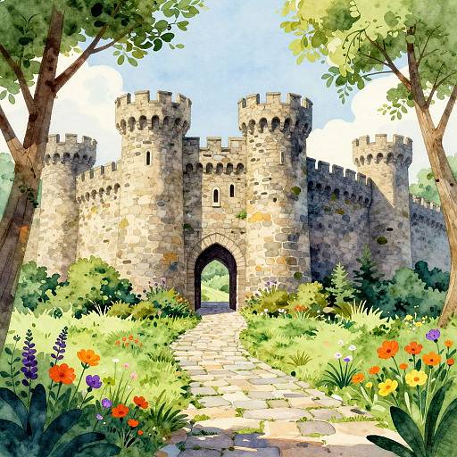 Digital illustration of a medieval stone castle with two round towers, surrounded by vibrant flowers and lush greenery, with a stone pathway leading to the arched