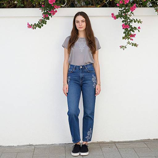Photograph of a young woman with long brown hair, wearing a gray t-shirt, blue jeans, and black sneakers, standing against a white wall adorned