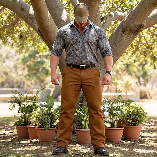 Photograph of a muscular man with a bald head, wearing a patterned shirt, brown pants, and black shoes, standing under a tree with p