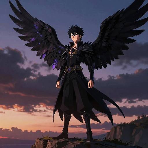 Anime Character with Black Wings at Twilight