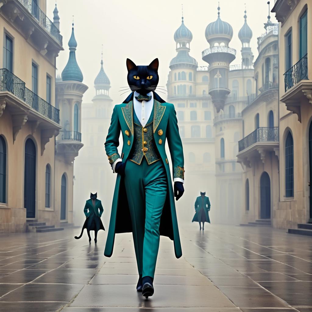 Whimsical Cat Nobleman in Foggy Town