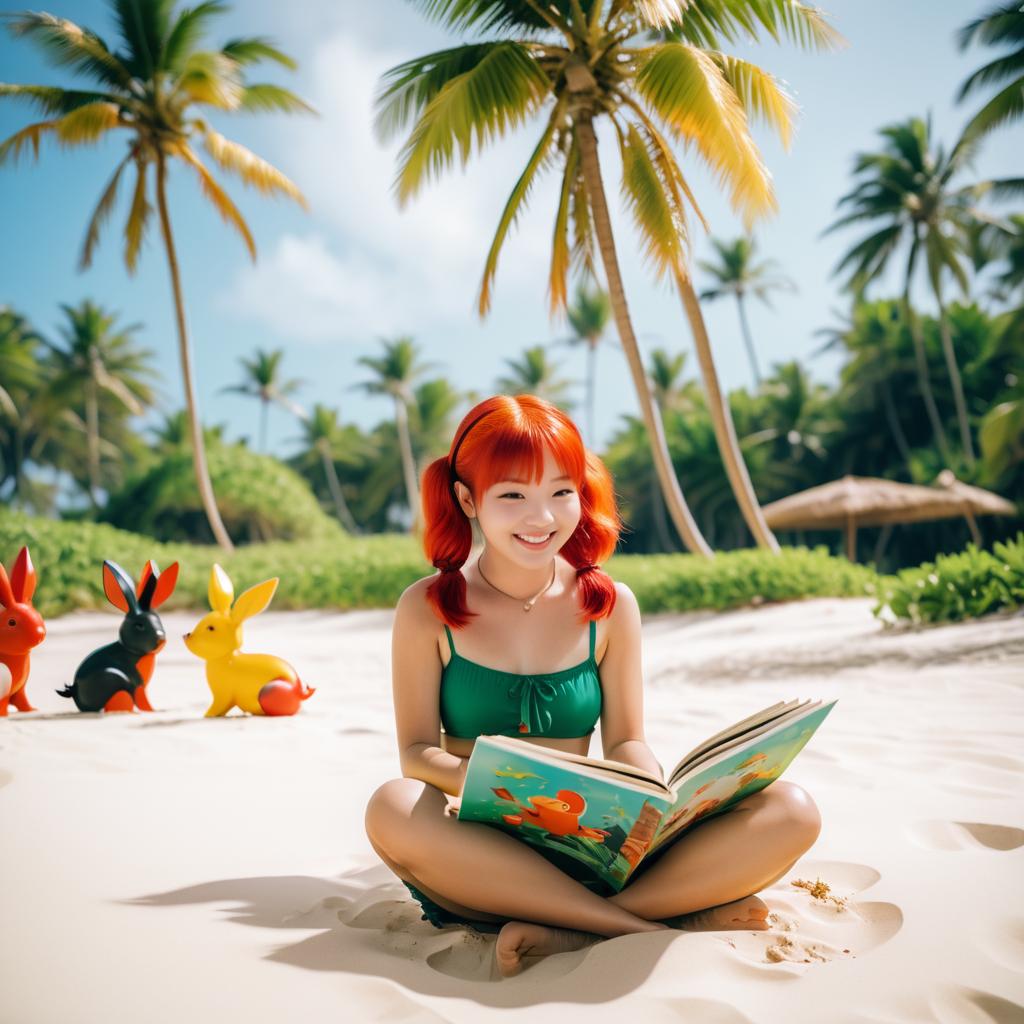 Cheerful Girl Reads to Curious Rabbits