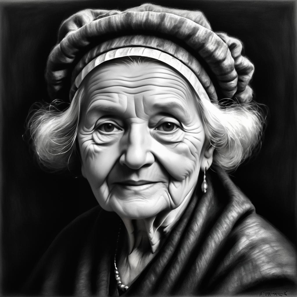 Charcoal Portrait of Elderly Woman in Rembrandt Style